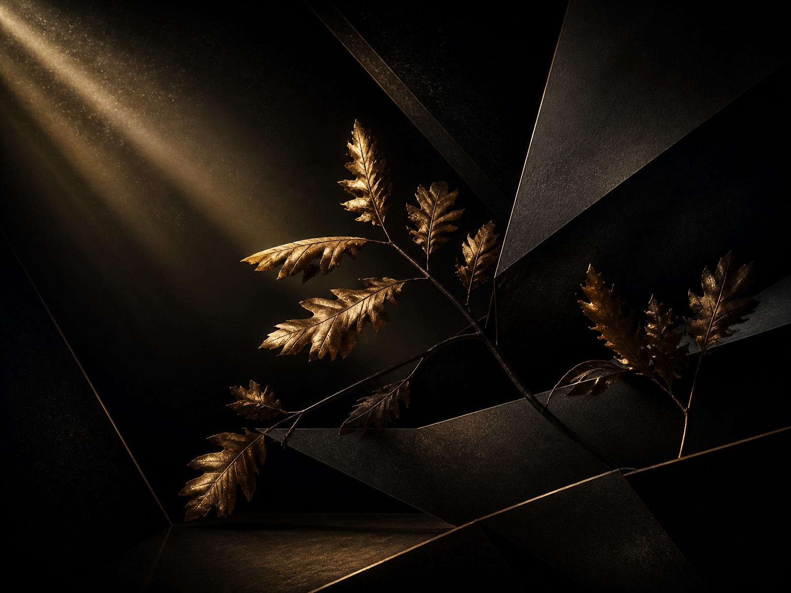 Gilded oak branches on obsidian
